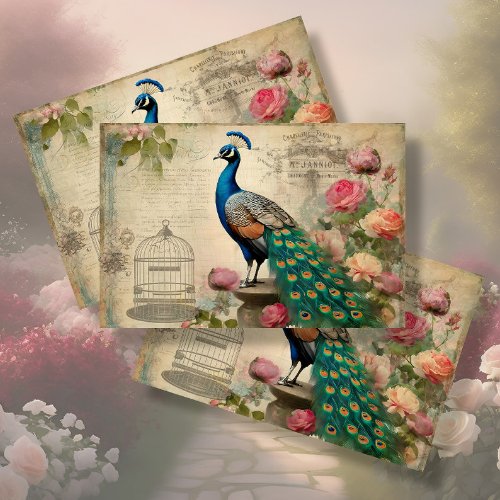 Elegant Peacock Birdcage Floral Ephemera Decoupage Tissue Paper