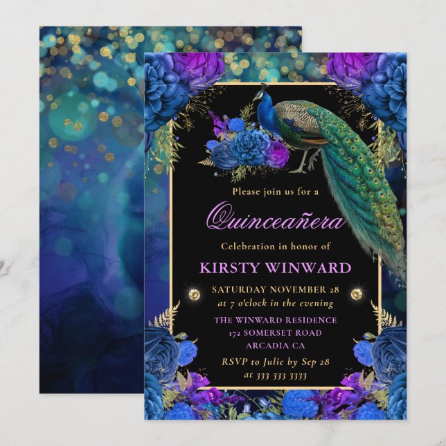 Elegant Peacock & Blue Floral Quinceanera Invitation (Front/Back)