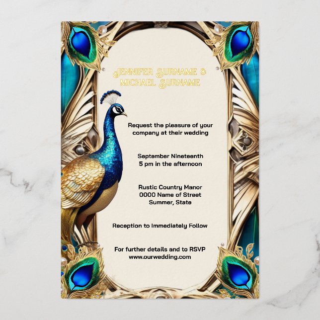 Elegant peacock blue gold feathers 3D real Foil Invitation (Front)