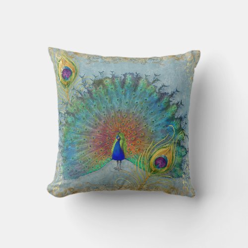 Elegant Peacock Blue Teal Gold Foil Rococo Scroll Throw Pillow