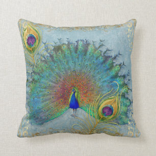 Elegant Peacock Blue Teal Gold Foil Rococo Scroll Throw Pillow