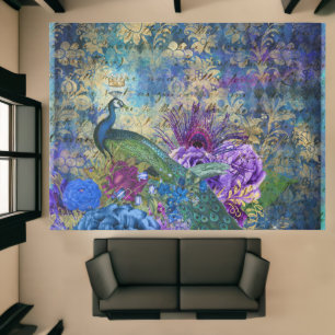 Elegant Peacock Blue Teal Purple Decoupage Area Rug