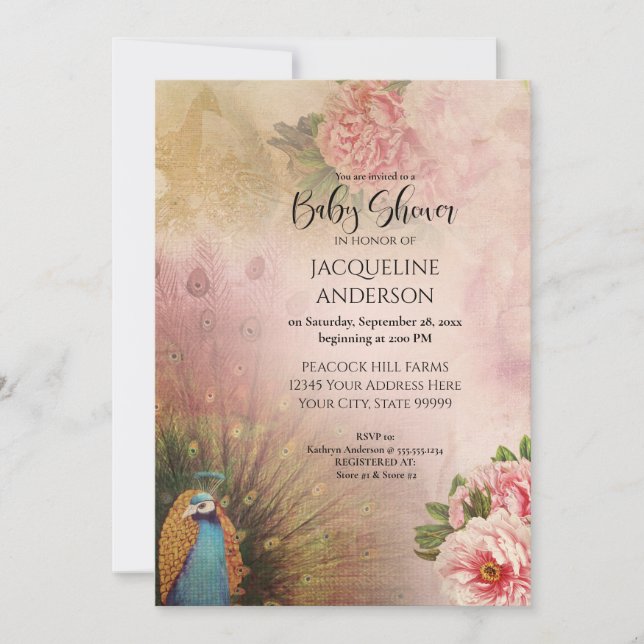 Elegant Peacock Blush Peony Flowers Baby Shower Invitation (Front)