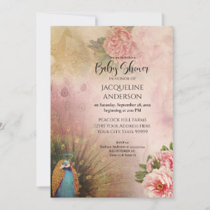 Elegant Peacock Blush Peony Flowers Baby Shower Invitation