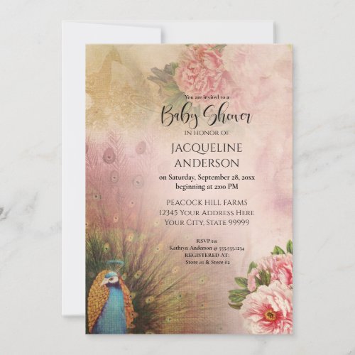 Elegant Peacock Blush Peony Flowers Baby Shower Invitation
