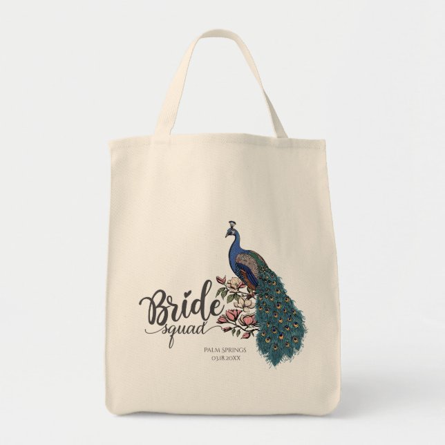 Elegant Peacock Bride Squad Tote Bag (Front)