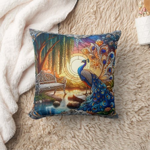 Elegant Peacock by Tranquil Lake at Sunset Throw Pillow