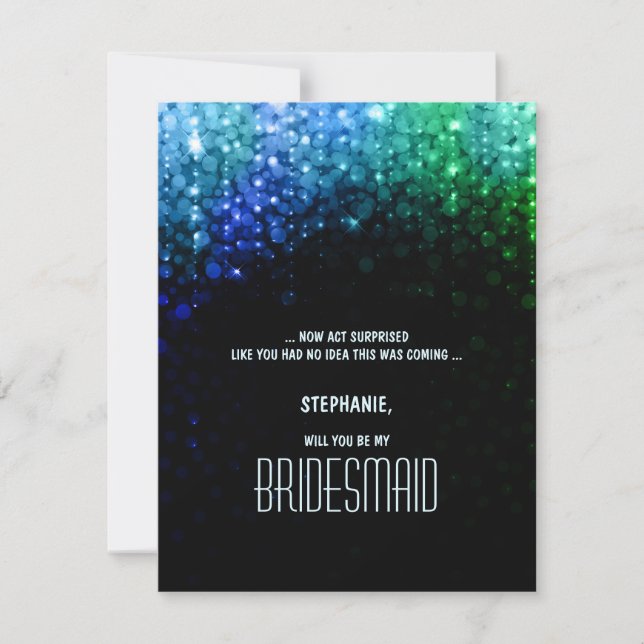 Elegant peacock color bokeh wedding bridesmaid invitation (Front)