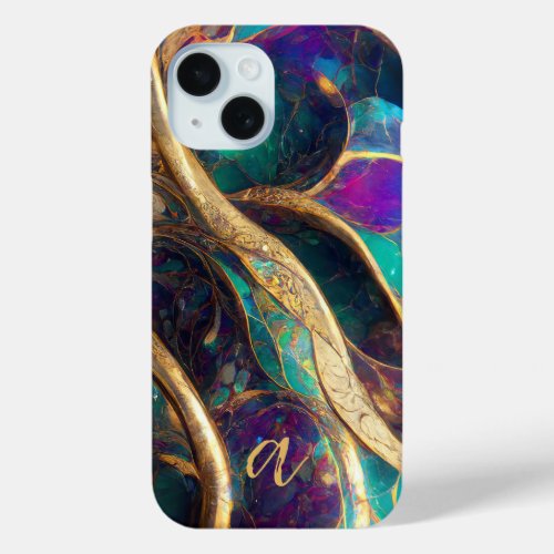 Elegant Peacock Color Gold Vein Marble Monogrammed iPhone 15 Case