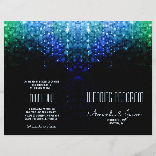 Elegant peacock color lights bokeh wedding program (Front)