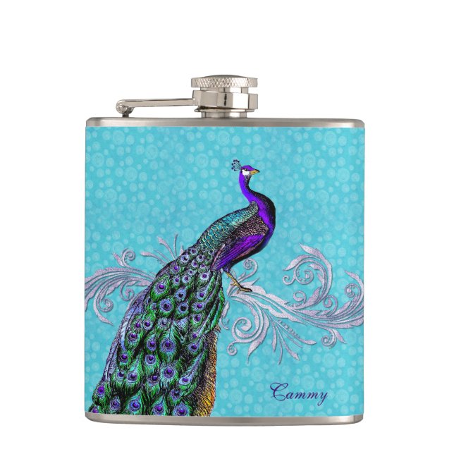 Elegant Peacock Custom Flask (Front)
