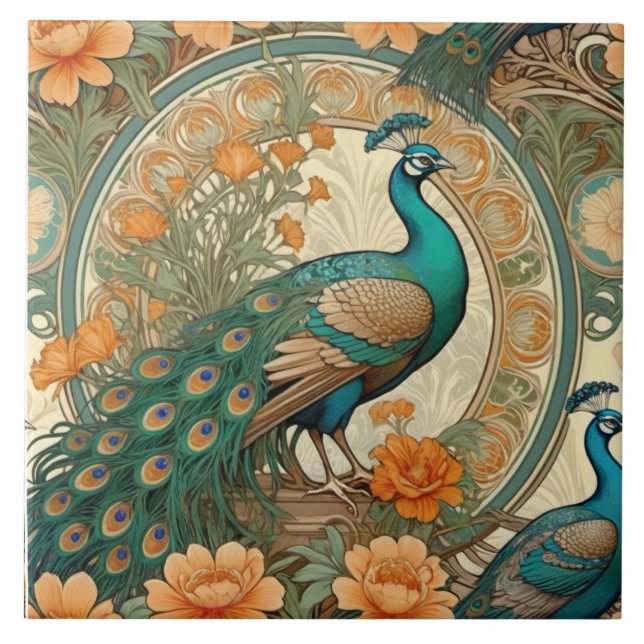 Elegant Peacock Decorative Ceramic Tile (Front)