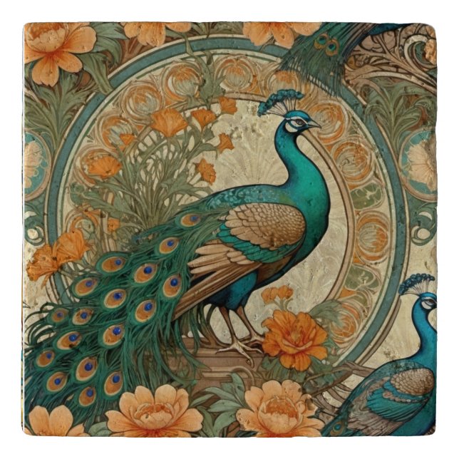 Elegant Peacock Decorative Ceramic Tile Trivet (Front)