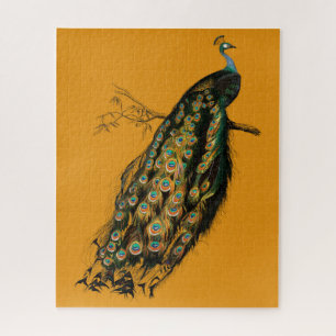 Elegant Peacock Design on Mustard Yellow Retro Jigsaw Puzzle