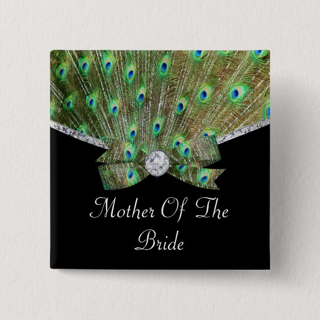 Elegant Peacock & DIamonds Wedding Pinback Button (Front)