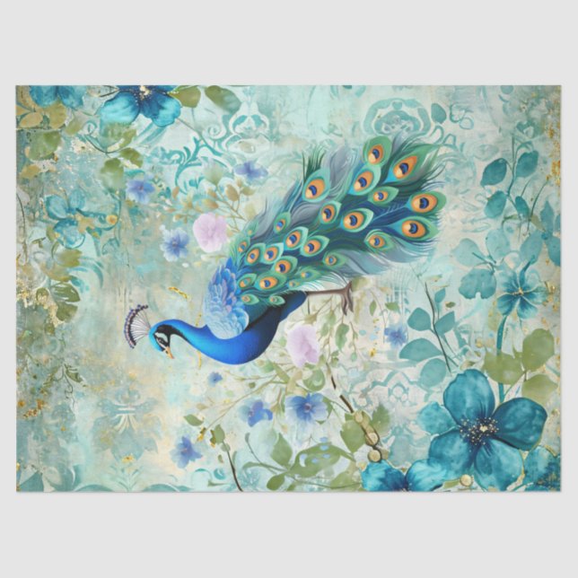 Elegant Peacock Distressed Blue Floral Tissue Paper (Front)