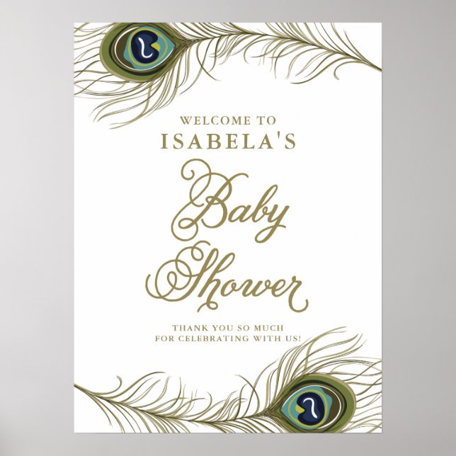 Elegant Peacock Feather Baby Shower Welcome Poster (Front)