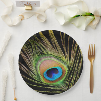 Elegant Peacock Feather Black Paper Plates