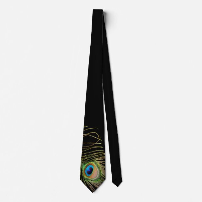 Elegant Peacock Feather Black Tie (Front)