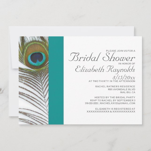 Elegant Peacock Feather Bridal Shower Invitations (Front)