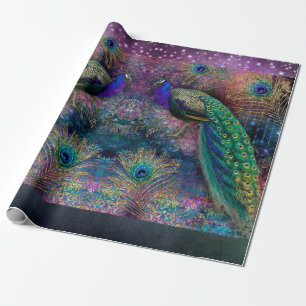 Elegant Peacock Feather Glitter Moody Decoupage Wr Wrapping Paper