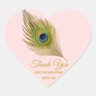Elegant peacock feather golden Thank You Heart Sticker