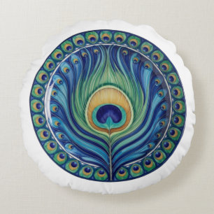 Elegant Peacock Feather Mandala Round Pillow