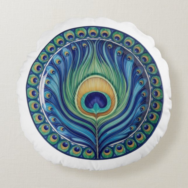 Elegant Peacock Feather Mandala Round Pillow (Front)