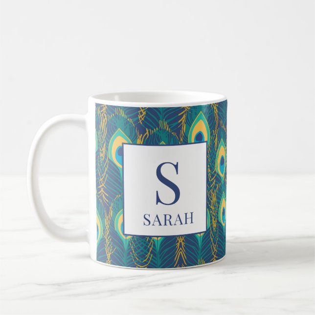 Elegant Peacock Feather Monogram Custom Name Mug (Left)