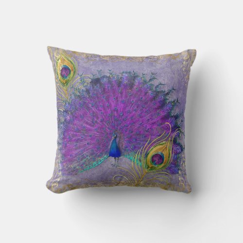 Elegant Peacock Feather Purple Gold Foil Scrolls Throw Pillow