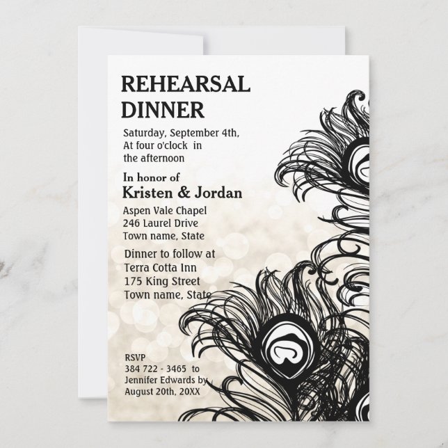 Elegant Peacock Feather Rehearsal Dinner Invitation (Front)