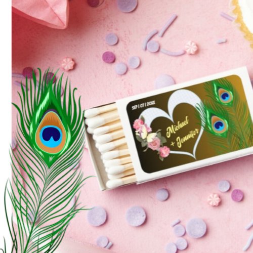 Elegant Peacock Feather  Rose Custom Wedding  Matchboxes