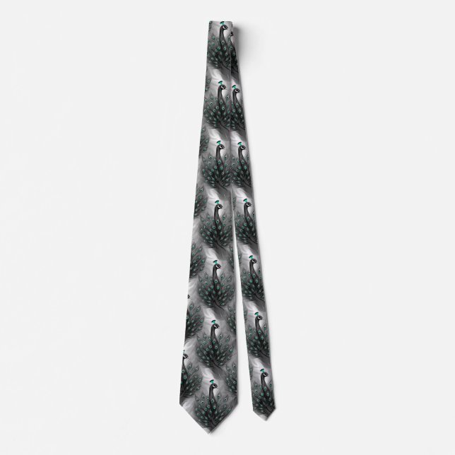 Elegant Peacock Feather Teal Eyes Pattern Neck Tie (Front)