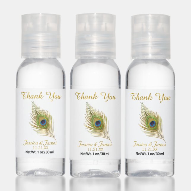 Elegant Peacock Feather Thank You Wedding Favor Hand Sanitizer (Set)