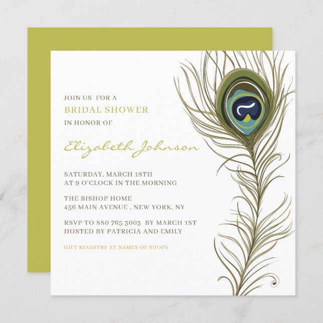 Elegant Peacock Feather Vintage Bridal Shower Invitation (Front/Back)