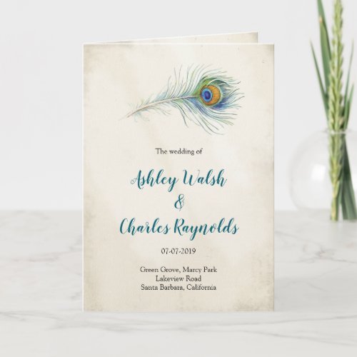 Elegant Peacock Feather Vintage Teal Boho Wedding Program