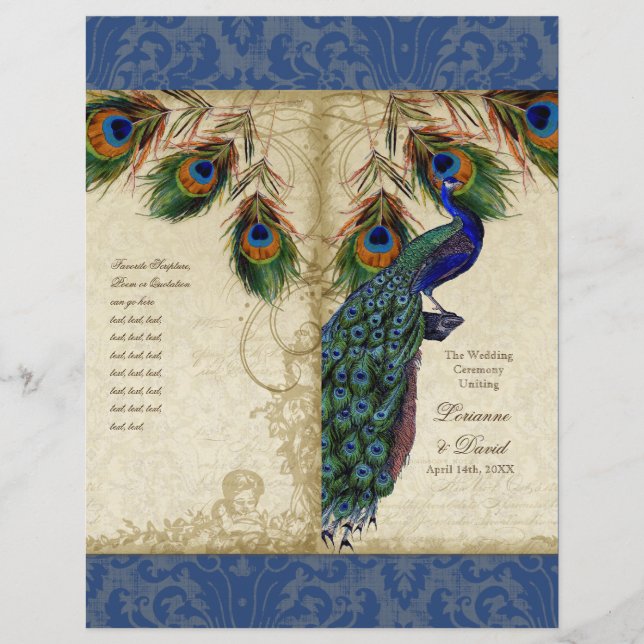 Elegant Peacock Feather Vintage Wedding Program (Front)