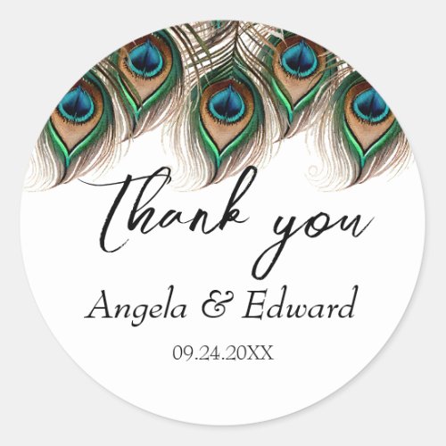 Elegant Peacock Feather Wedding Classic Round Sticker