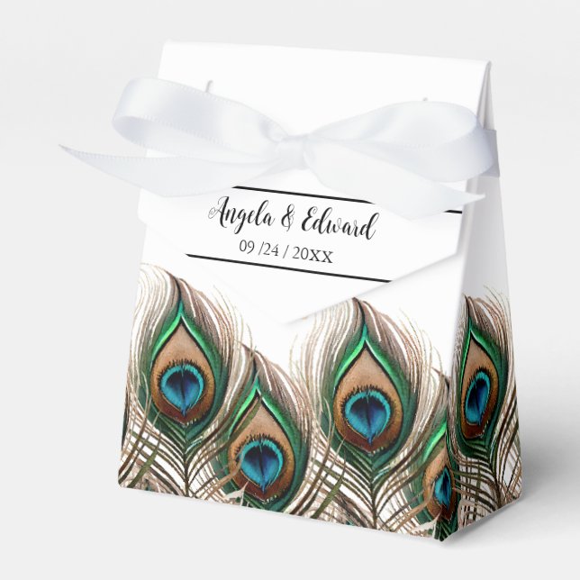 Elegant Peacock Feather Wedding Favor Box (Front Side)