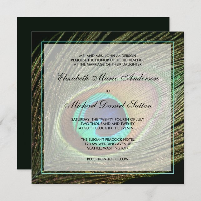 Elegant Peacock Feather Wedding Invitation (Front/Back)