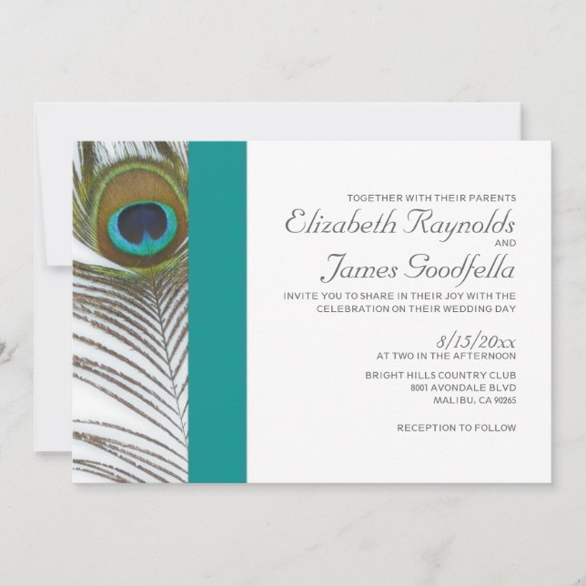 Elegant Peacock Feather Wedding Invitations (Front)