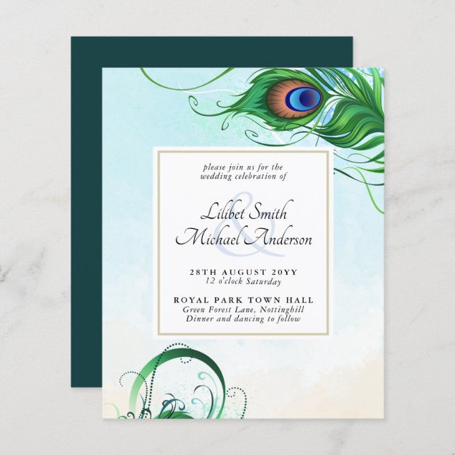 Elegant PEACOCK FEATHER Wedding Invite BUDGET (Front/Back)