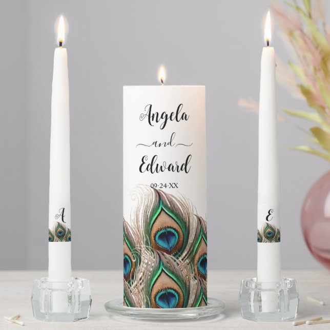 Elegant Peacock Feather Wedding  Unity Candle Set (In Situ)