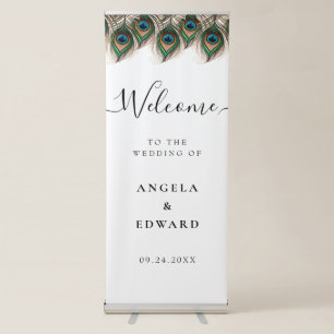 Elegant Peacock Feather Wedding Welcome Retractable Banner