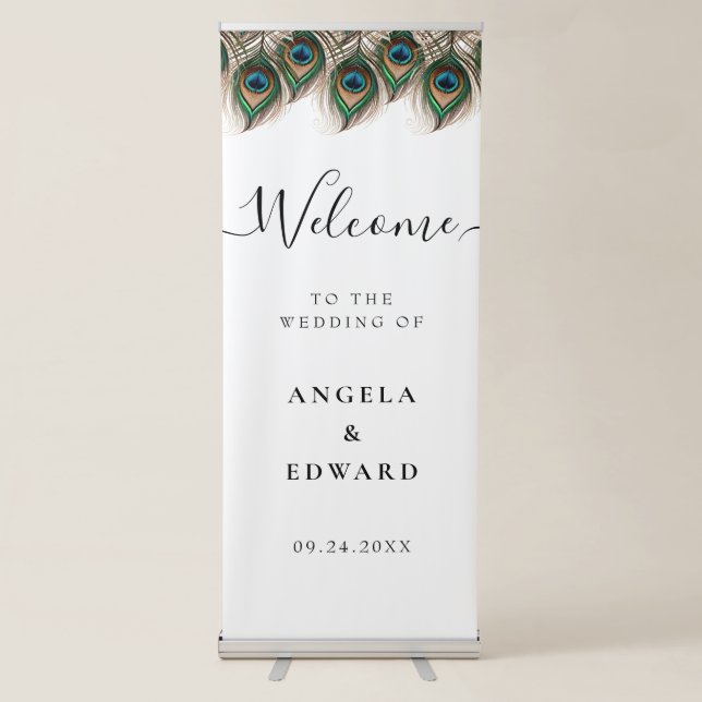 Elegant Peacock Feather Wedding Welcome Retractable Banner (Front)