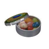 Elegant Peacock Feather With Heart Shaped Eye Jelly Belly Candy Tin (Opened)