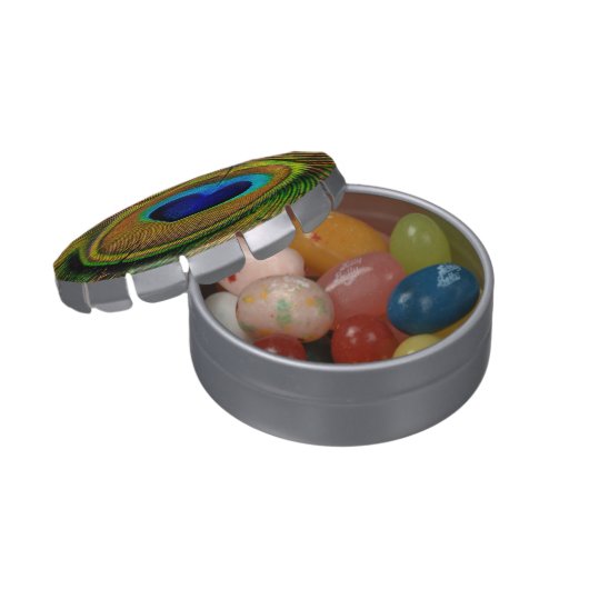 Elegant Peacock Feather With Heart Shaped Eye Jelly Belly Candy Tin (Opened)