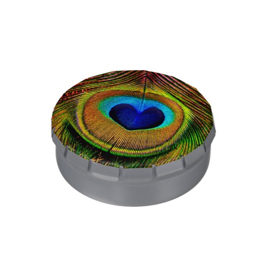 Elegant Peacock Feather With Heart Shaped Eye Jelly Belly Candy Tin (Side)