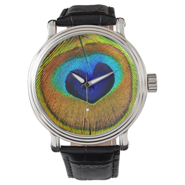 Elegant Peacock Feather With Heart Shaped Eye Watch (Front)