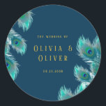Elegant Peacock Feathers and Gold Wedding Classic Round Sticker<br><div class="desc">You will love these blue and green peacock feathers with a gold frame. Matching invitations are available.</div>
